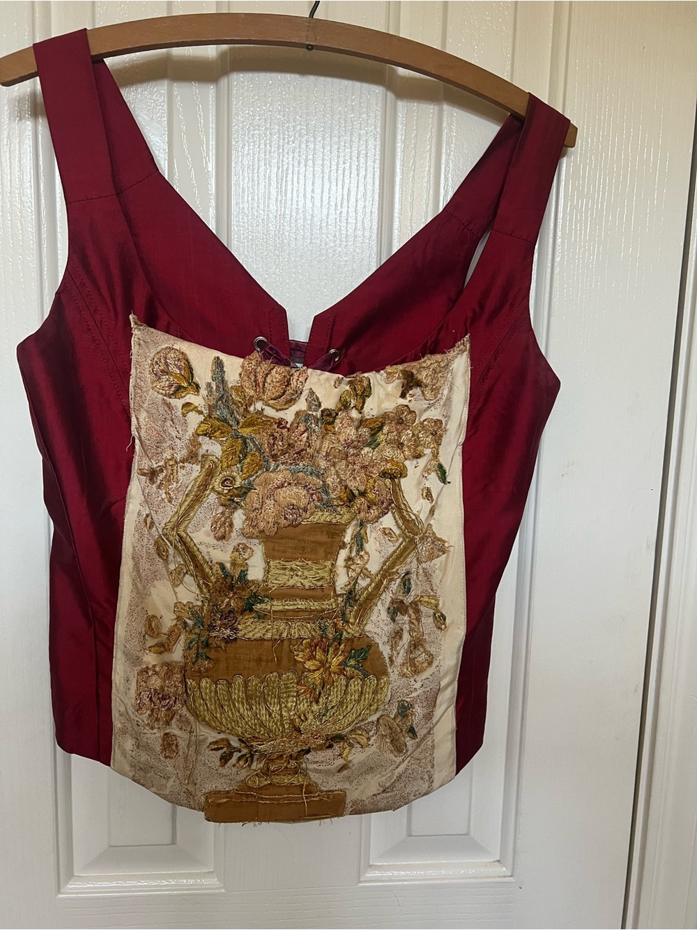 Sleeveless Burgundy & Ivory Embroidered Corset w/Vintage Floral Panel